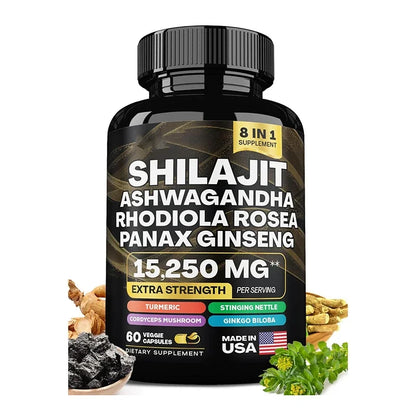 15250mg Pure Shilajit Himalayan Capsules with Maca Ginseng Ashwagandha Turmeric, Energy Supplement Muscle Mass Endurance