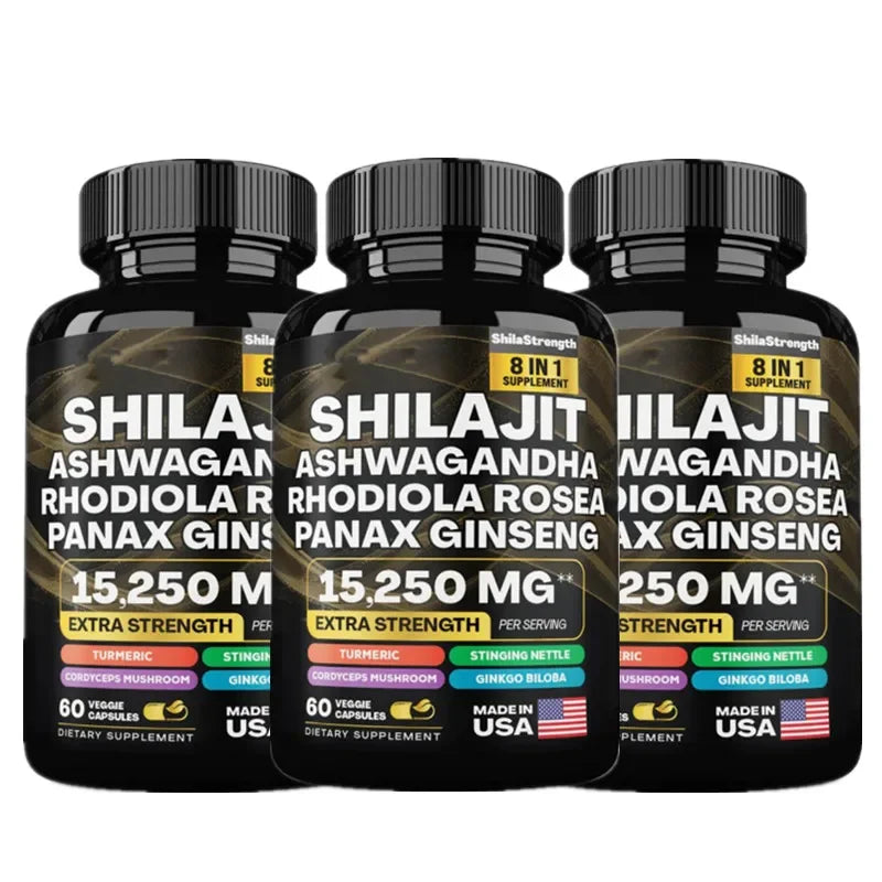 15250mg Pure Shilajit Himalayan Capsules with Maca Ginseng Ashwagandha Turmeric, Energy Supplement Muscle Mass Endurance