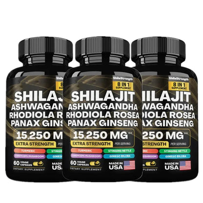 15250mg Pure Shilajit Himalayan Capsules with Maca Ginseng Ashwagandha Turmeric, Energy Supplement Muscle Mass Endurance